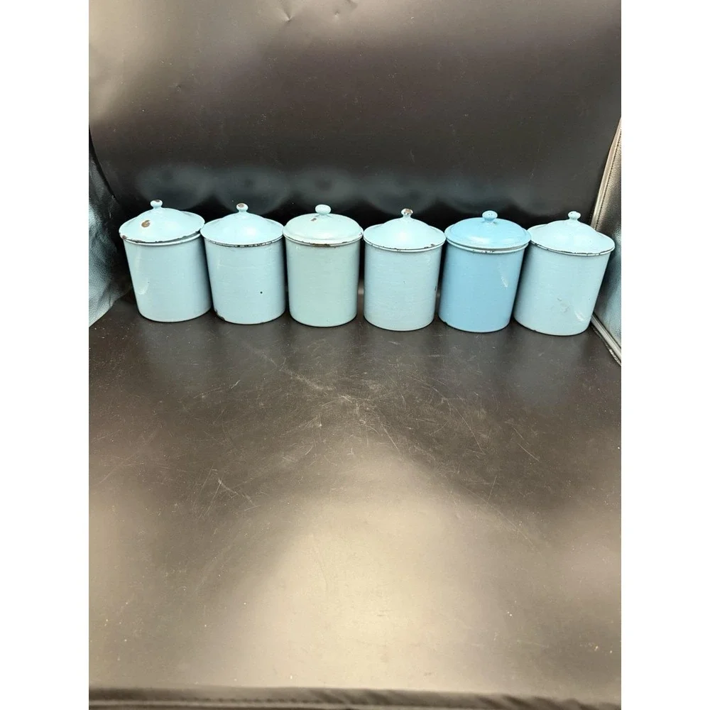 Vintage Light Blue Enamelware Kitchen Canister Set 6 Peas Sugar Sago Barley Lids